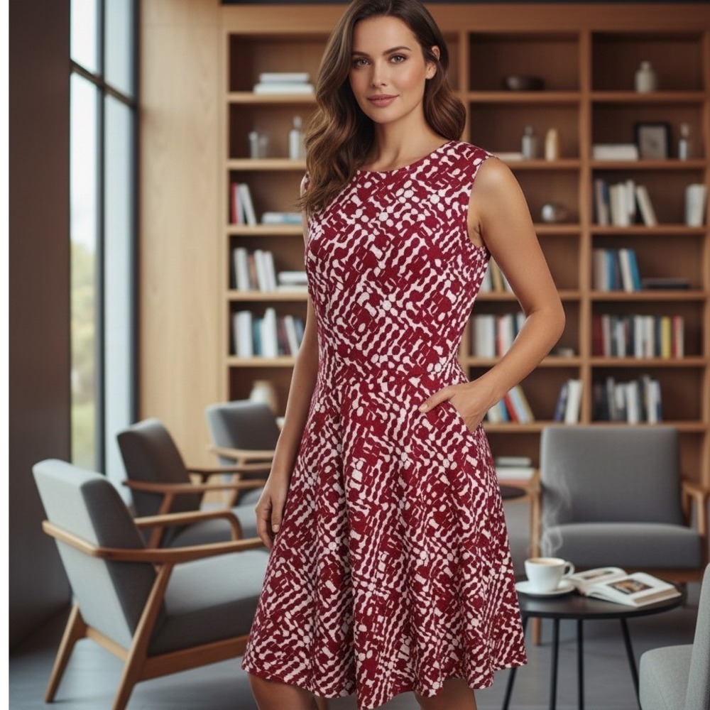 ❤️Vasna Women XL Red White Geometric Dot Fit & Flare Sleeveless Pocket Dress